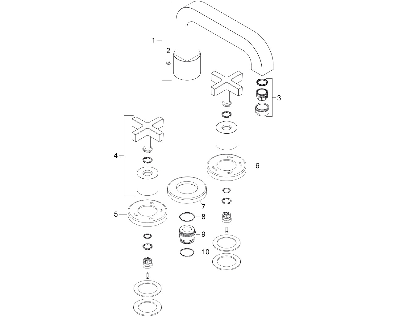 hansgrohe axor citterio 3-gats badrndmengkraan met kruisgrepen afbeelding 1