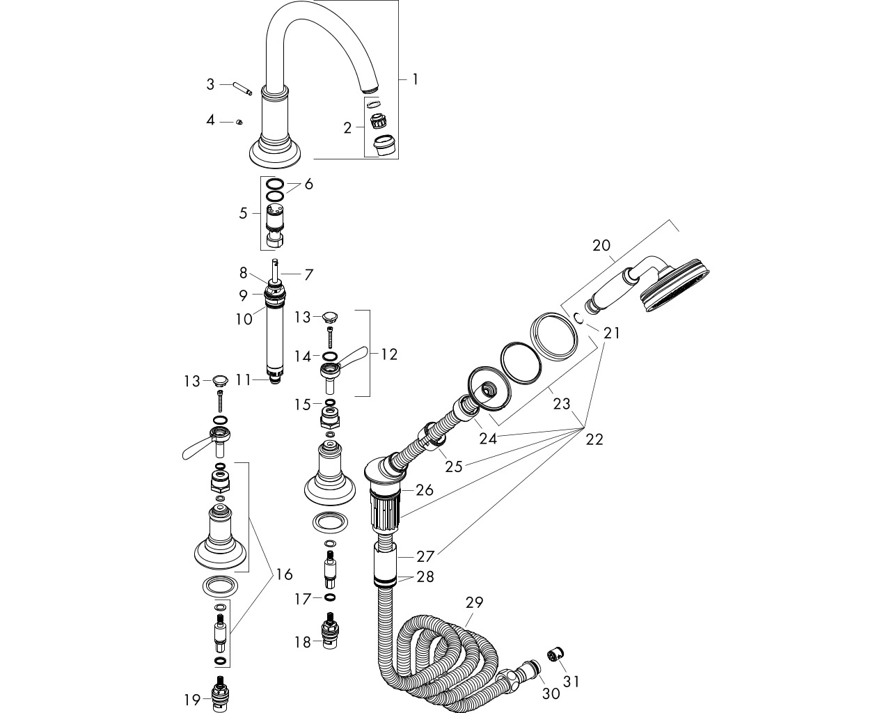 hansgrohe axor montreux afbouwdeel 4-gats badrandmengkraan chroom afbeelding 1