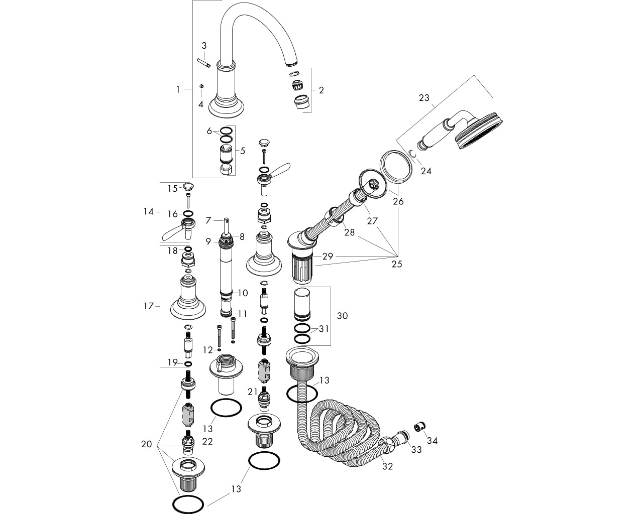 hansgrohe axor montreux afbouwdeel 4-gats tegelrandmengkraan chroom afbeelding 1