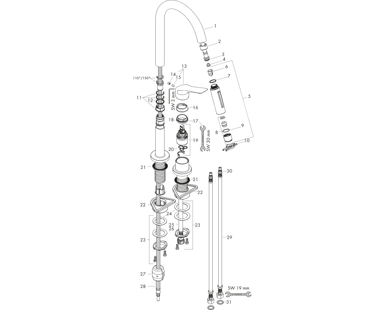 hg ax citterio m 2-gats keukenmengkraan 34822800 uittrekbare uitloop rvs-look afbeelding 1