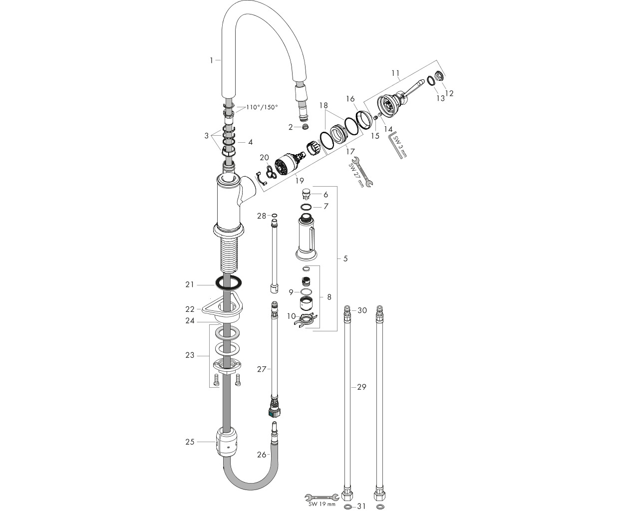 hansgrohe axor montreux eúngreeps keukenmengkraan met uittrekbare vuistdouche chroom afbeelding 1