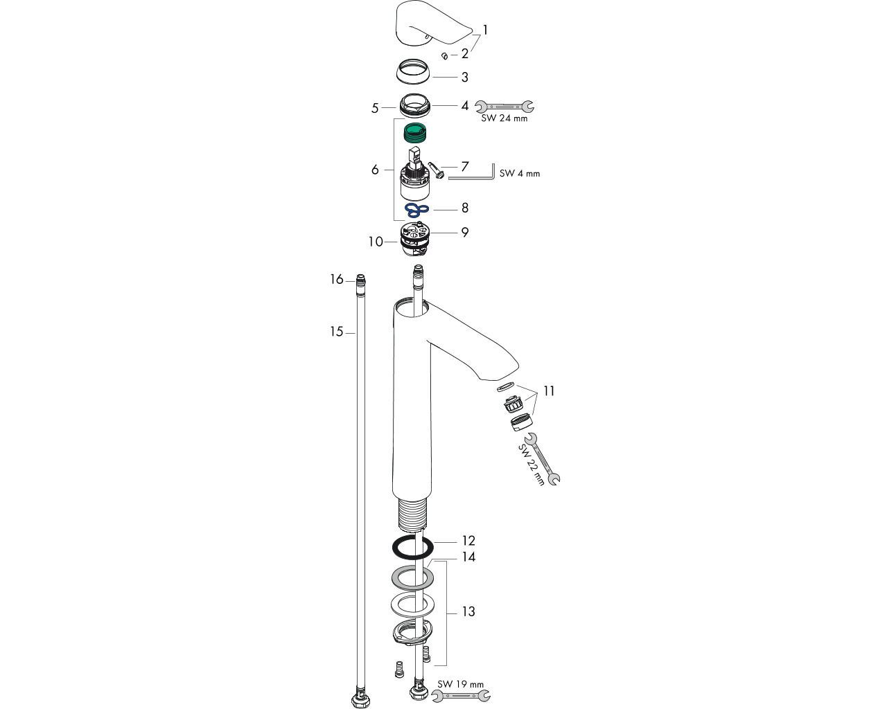 hansgrohe metris highriser 260 wastafelkr. z/waste 31184000 onderzijde uitloop=26cm afbeelding 2