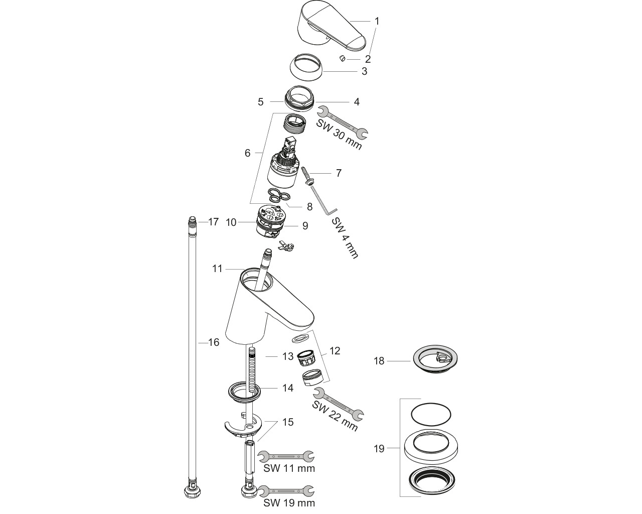 hansgrohe focus e2 1-greeps wastafelmngkrn z/waste 31733000 chroom afbeelding 1