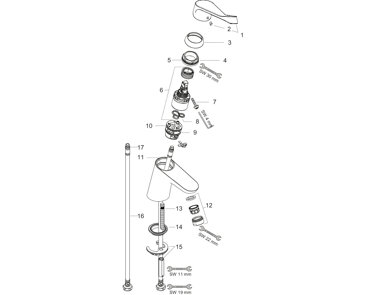 hansgrohe focus care wastafelmengkr.zonder waste chroom verlenge metalen greep 121mm afbeelding 1