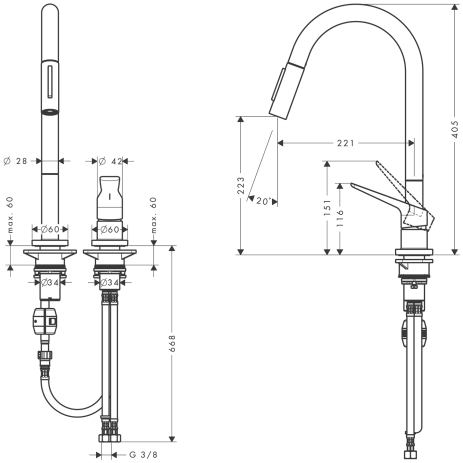 hg ax citterio m 2-gats keukenmengkraan 34822000 uittrekbare uitloop chroom afbeelding 3