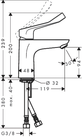 hansgrohe focus care wastafelmengkr.lange hendel 31915000 chroom (zonder waste) hendel 121mm afbeelding 3