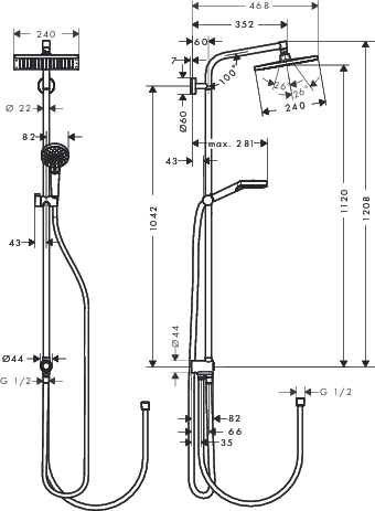 hansgrohe crometta e 240 1jet showerpipe reno ecosmart 9 l/min afbeelding 2