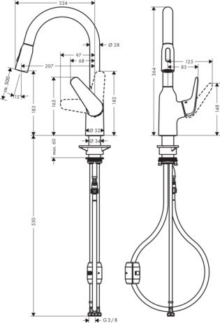 hg m42 m429-h180 eengreeps keukenmengkraan met uittrekbare vuistdouche rvs look afbeelding 2