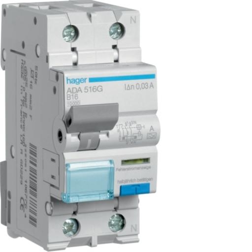 Hager Aardlekautomaat 1-P+N 16A B-kar. 10kA, 30mA kl.A ADA516G afbeelding 2