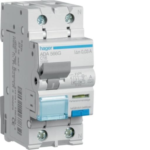 Hager Aardlekautomaat 1-P+N 16A C-kar. 10kA, 30mA kl.A ADA566G afbeelding 2
