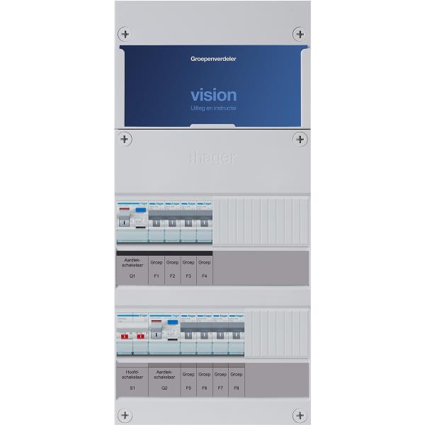 Hager 8-groepenkast 1-F,HS,2ALS2/30mA,4+4MCCB VKG44E
