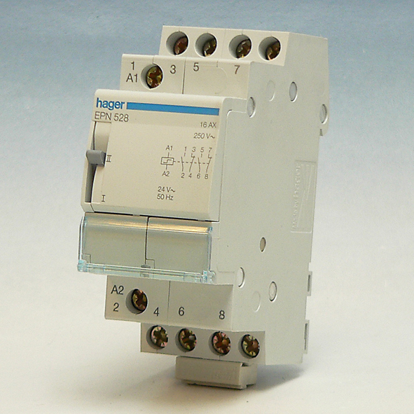 Hager Impulsrelais 2m+2v 24VAC/12VDC/16A, voeding 250VAC EPN528 afbeelding 2