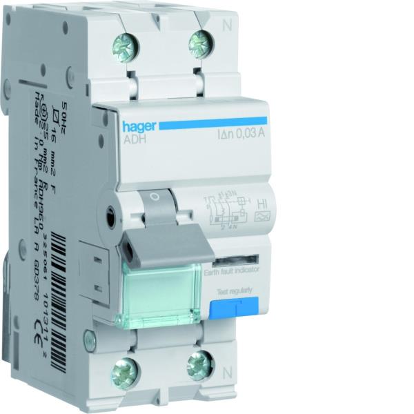 Hager Aardlekautomaat 1-P+N 10A B-kar. 6kA, 30mA kl.HI ADH910 afbeelding 2