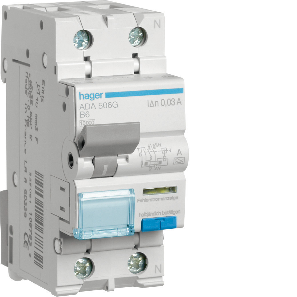 Hager Aardlekautomaat 1-P+N 6A B-kar. 10kA, 30mA kl.A ADA506G afbeelding 2
