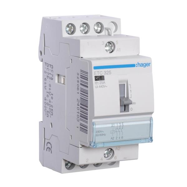 Hager Magneetschakelaar 25A hand+reset 3M 230VAC ETC325 afbeelding 2