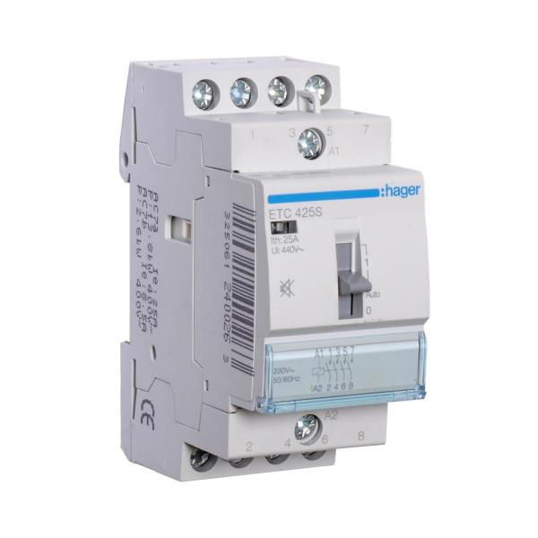 Hager Magneetschakelaar 25A hand+reset 4M 230VAC ruisarm ETC425S afbeelding 2