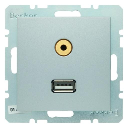 Berker S1 USB / 3,5 mm audio wandcontactdoos aluminium mat (3315391404) afbeelding 2