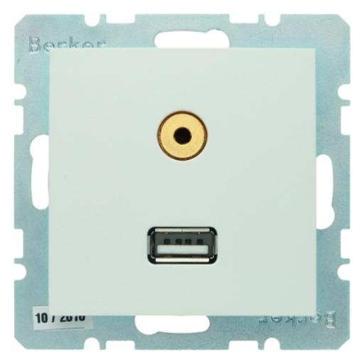 Berker S1 USB / 3,5 mm audio wandcontactdoos polarwit glanzend (3315398989) afbeelding 2