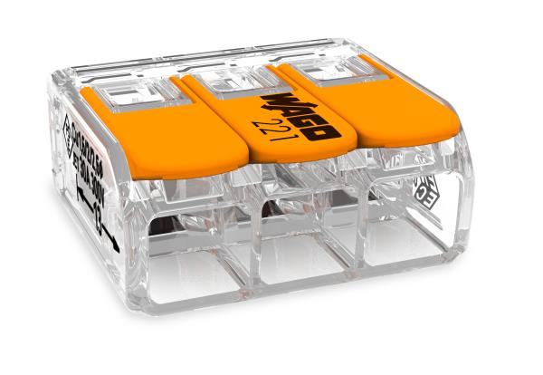 Wago Lasklem 221-613 hevelklem 3 draden voor soepele en massieve draad van 0,5 tot 6mm² (doos 30 stuks)