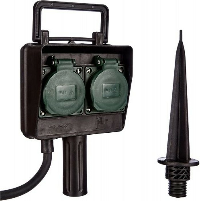 Tuincontactdoos 2-voudig IP44 op grondspies 1,4m neopreensnoer 3G1,5 zwart