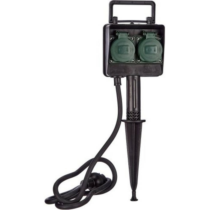 Tuincontactdoos 2-voudig IP44 op grondspies 1,4m neopreensnoer 3G1,5 zwart