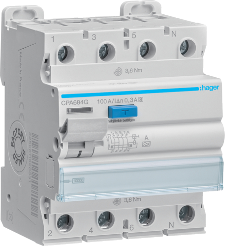 Hager Aardlekschakelaar 4-P 100A 300mA klasse A select. CPA684G afbeelding 2