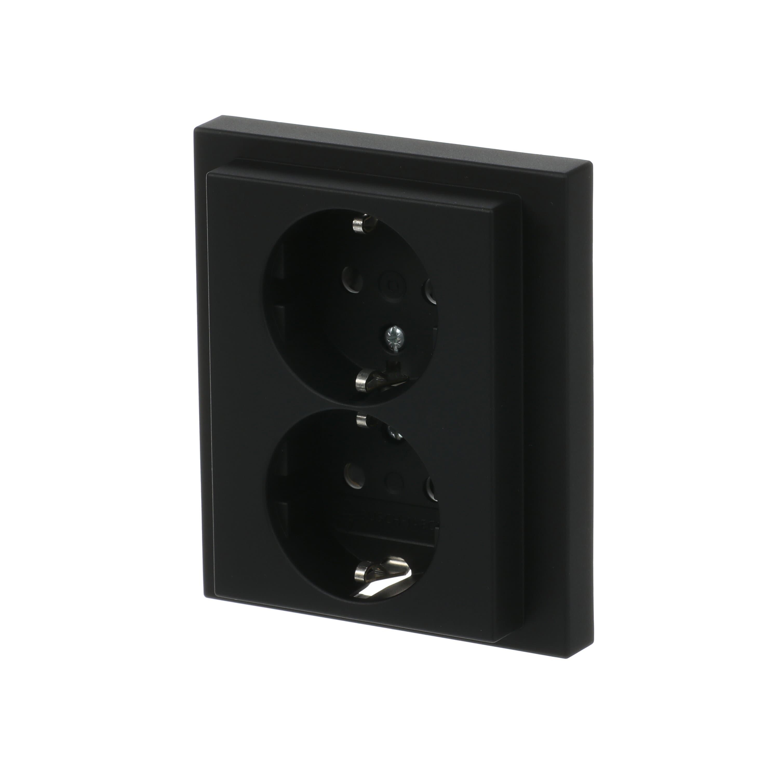 Busch-Jaeger dubbel stopcontact inbouw mat zwart met randaarde  voor ronde inbouwdoos (202 EUJRB-885)