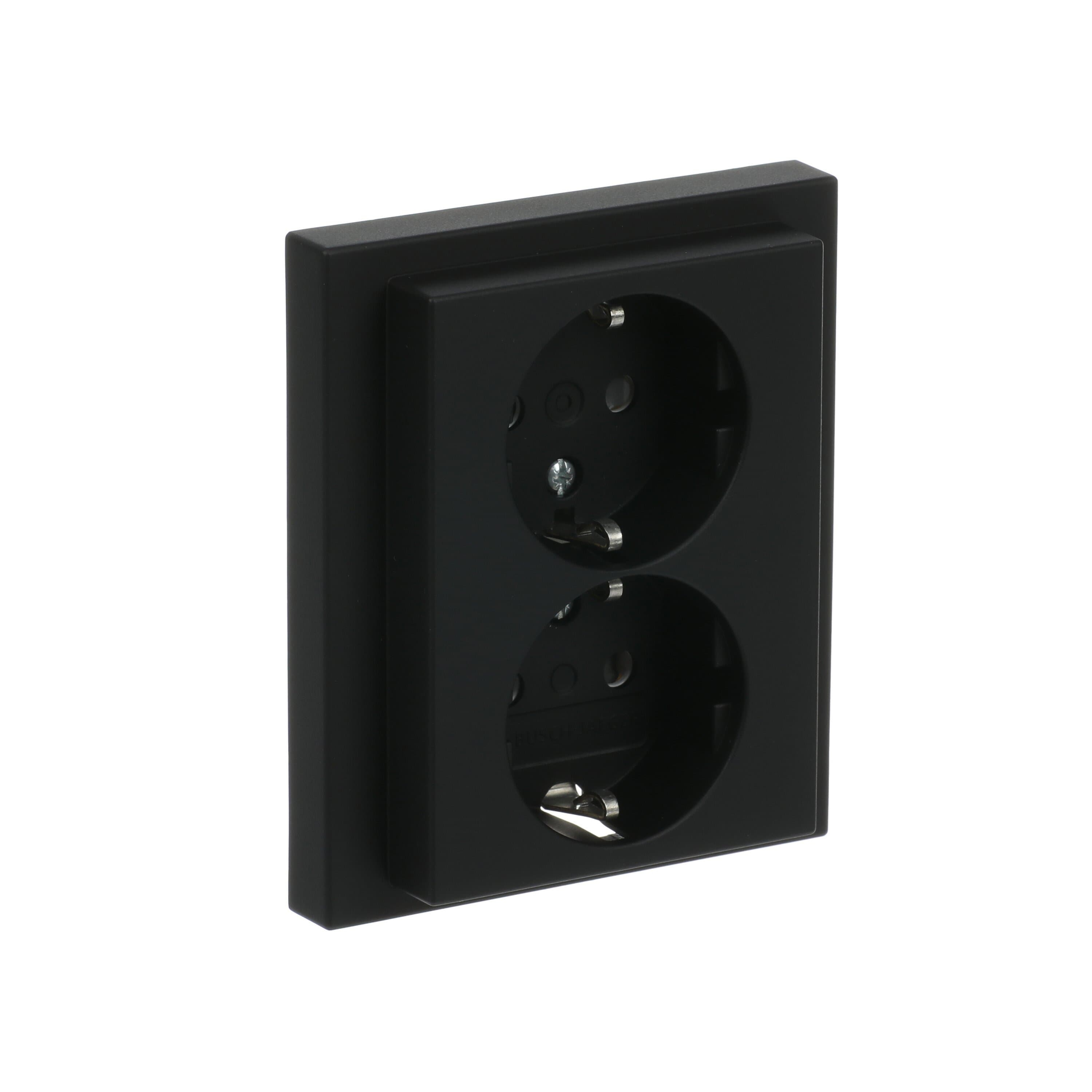 Busch-Jaeger dubbel stopcontact inbouw mat zwart met randaarde  voor ronde inbouwdoos (202 EUJRB-885)