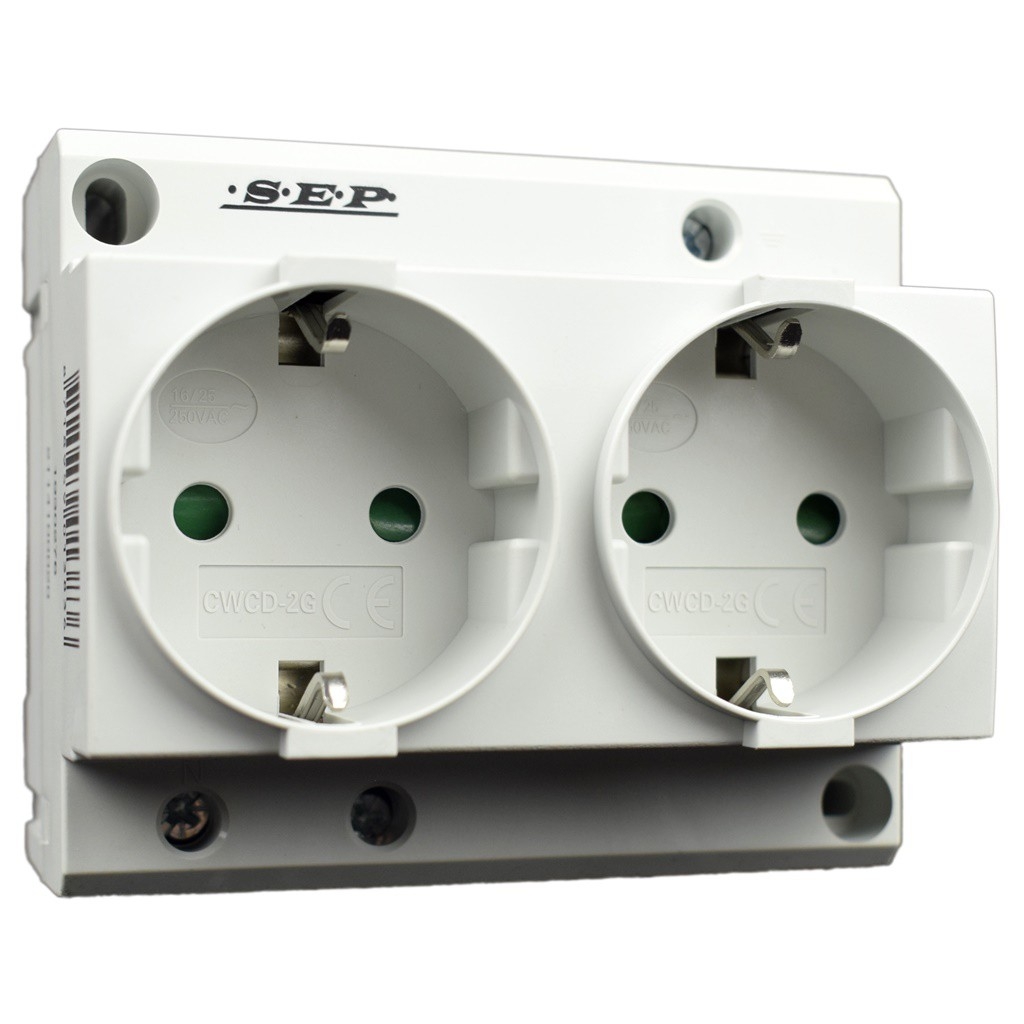 DIN rail dubbel stopcontact 2p+PE SEP CWCD-2G voor in groepenkast of schakelkast afbeelding 1