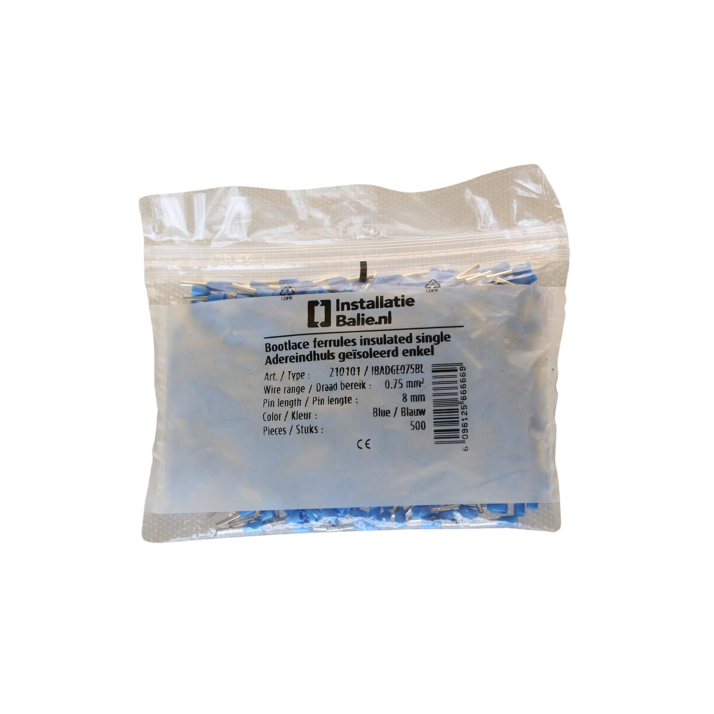 InstallatieBalie Adereindhuls geïsoleerd PP enkel 0,75 mm² hulslengte 8mm vertind blauw (zak 500 st) afbeelding 2