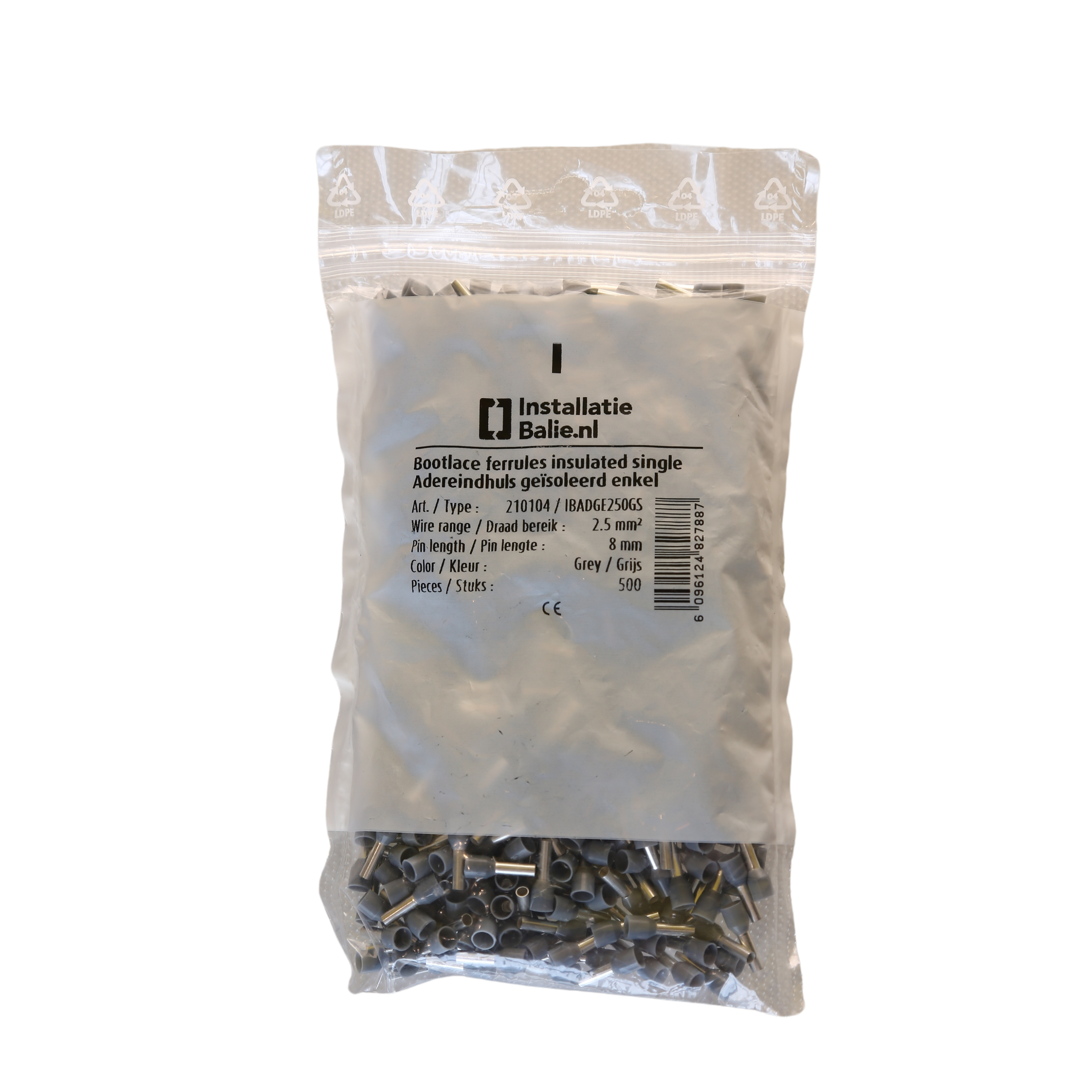InstallatieBalie Adereindhuls geïsoleerd PP enkel 2,5 mm² hulslengte 8mm vertind grijs (zak 500 st) afbeelding 2