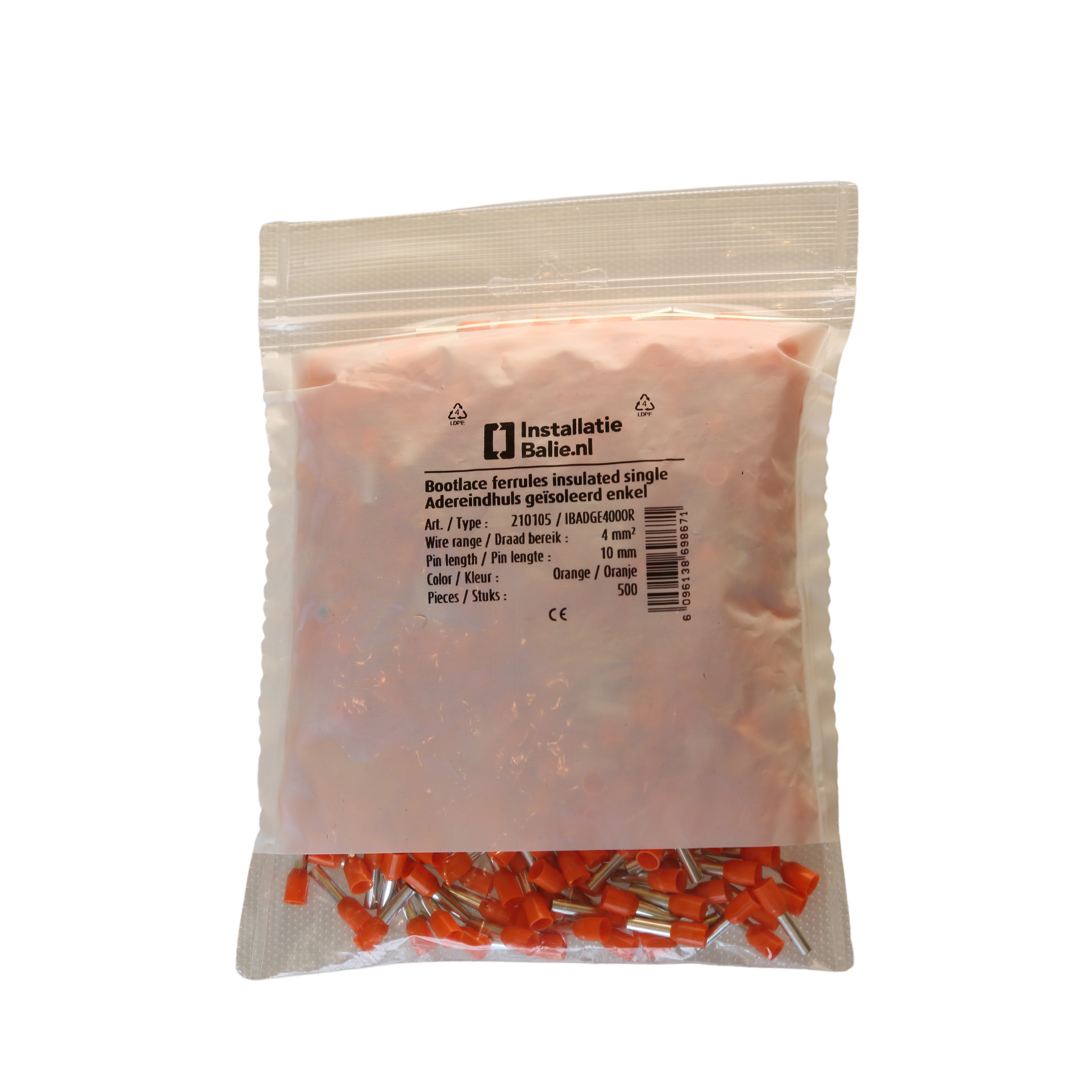 InstallatieBalie Adereindhuls geïsoleerd PP enkel 4 mm² hulslengte 10mm vertind oranje (zak 500 st) afbeelding 1