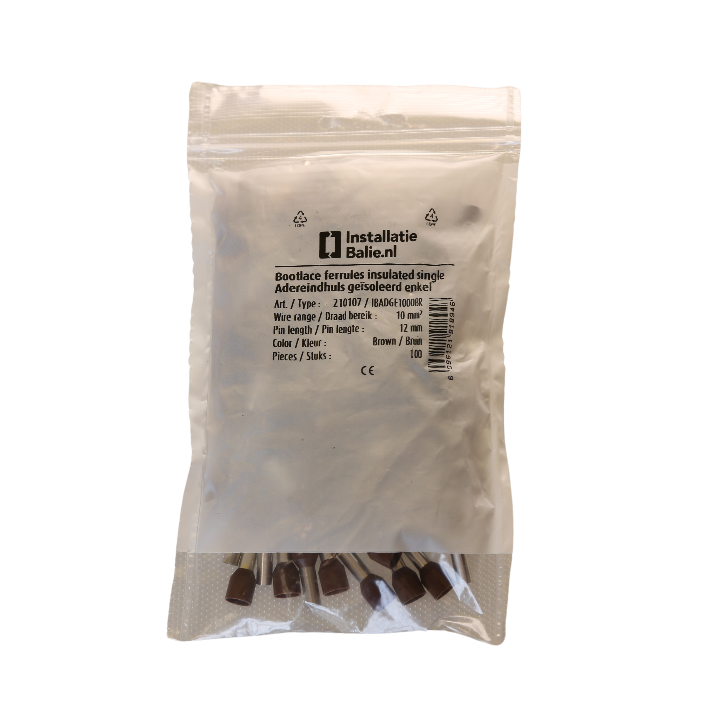 InstallatieBalie Adereindhuls geïsoleerd PP enkel 10 mm² hulslengte 12mm vertind bruin (zak 100 st) afbeelding 1
