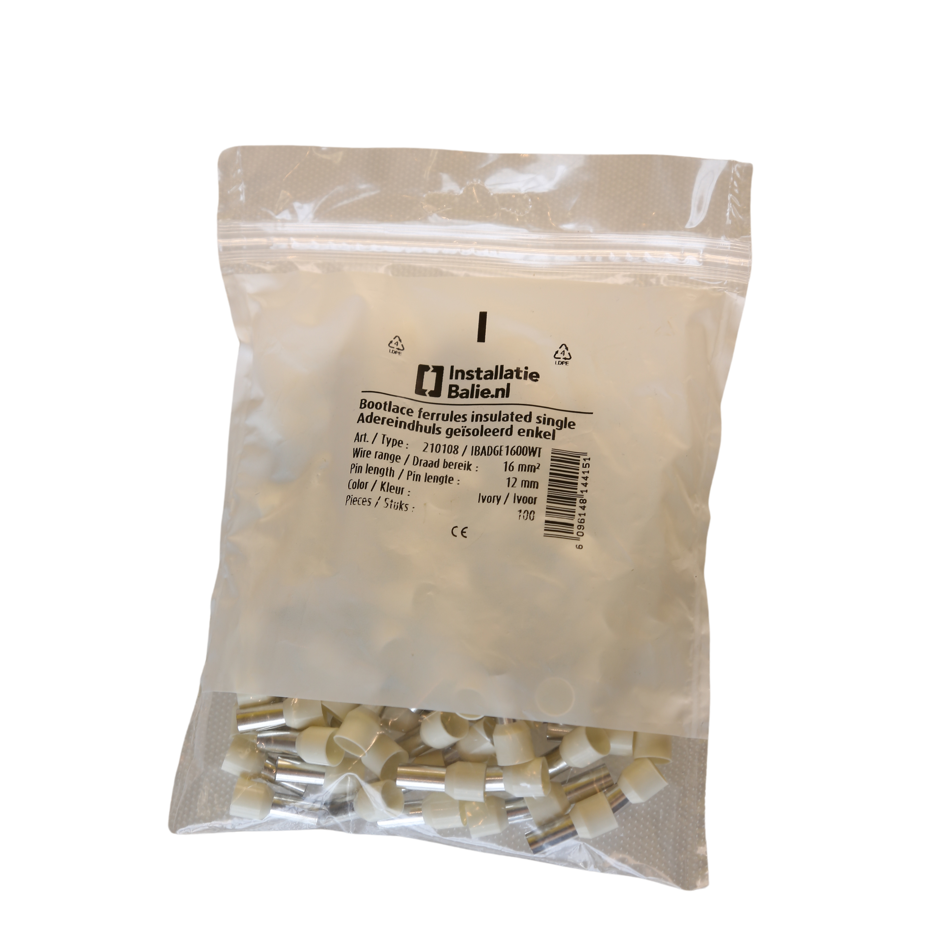 InstallatieBalie Adereindhuls geïsoleerd PP enkel 16 mm² hulslengte 12mm vertind wit (zak 100 st) afbeelding 1