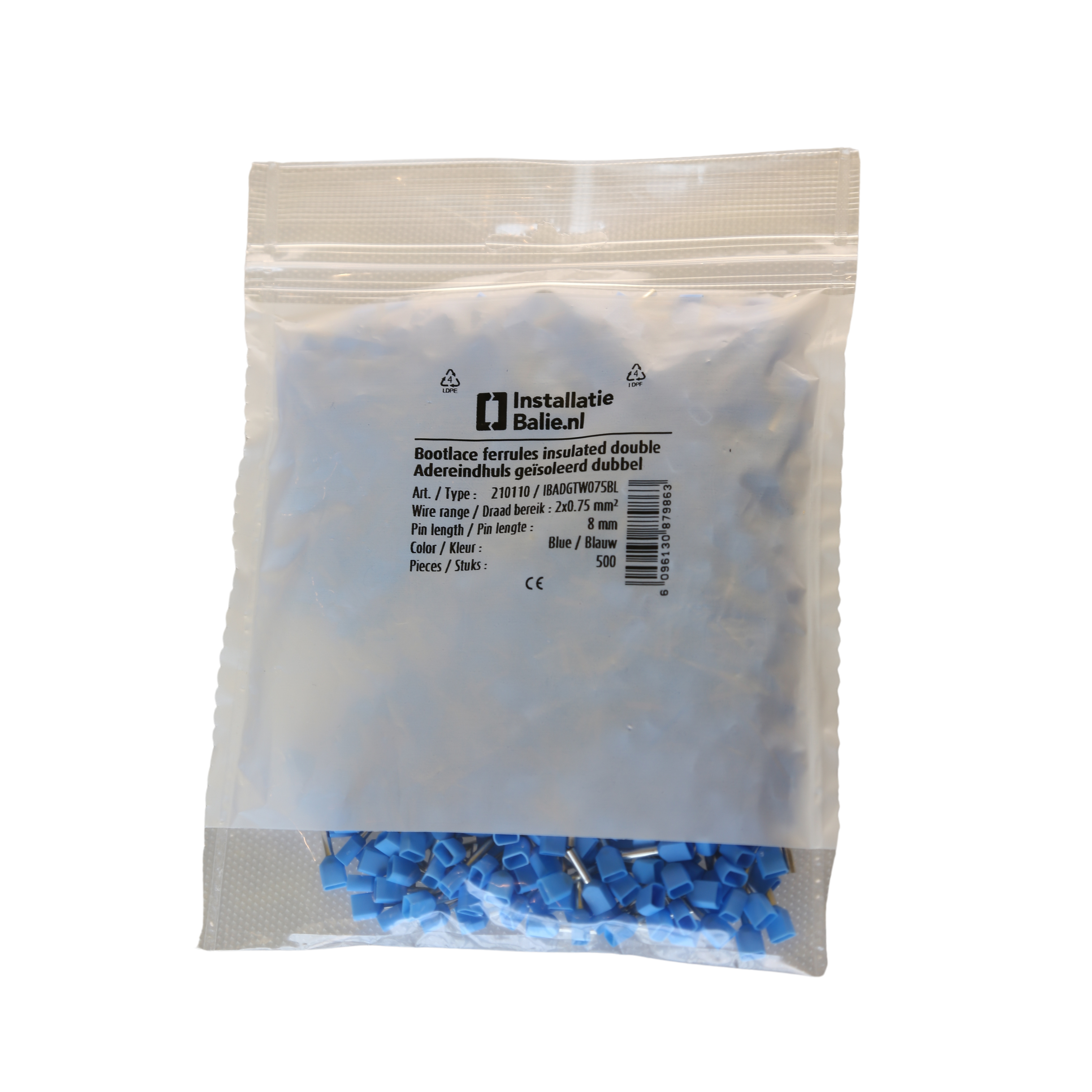 InstallatieBalie Adereindhuls geïsoleerd PP twin 2x0,75 mm² hulslengte 8mm vertind blauw (zak 500st) afbeelding 1
