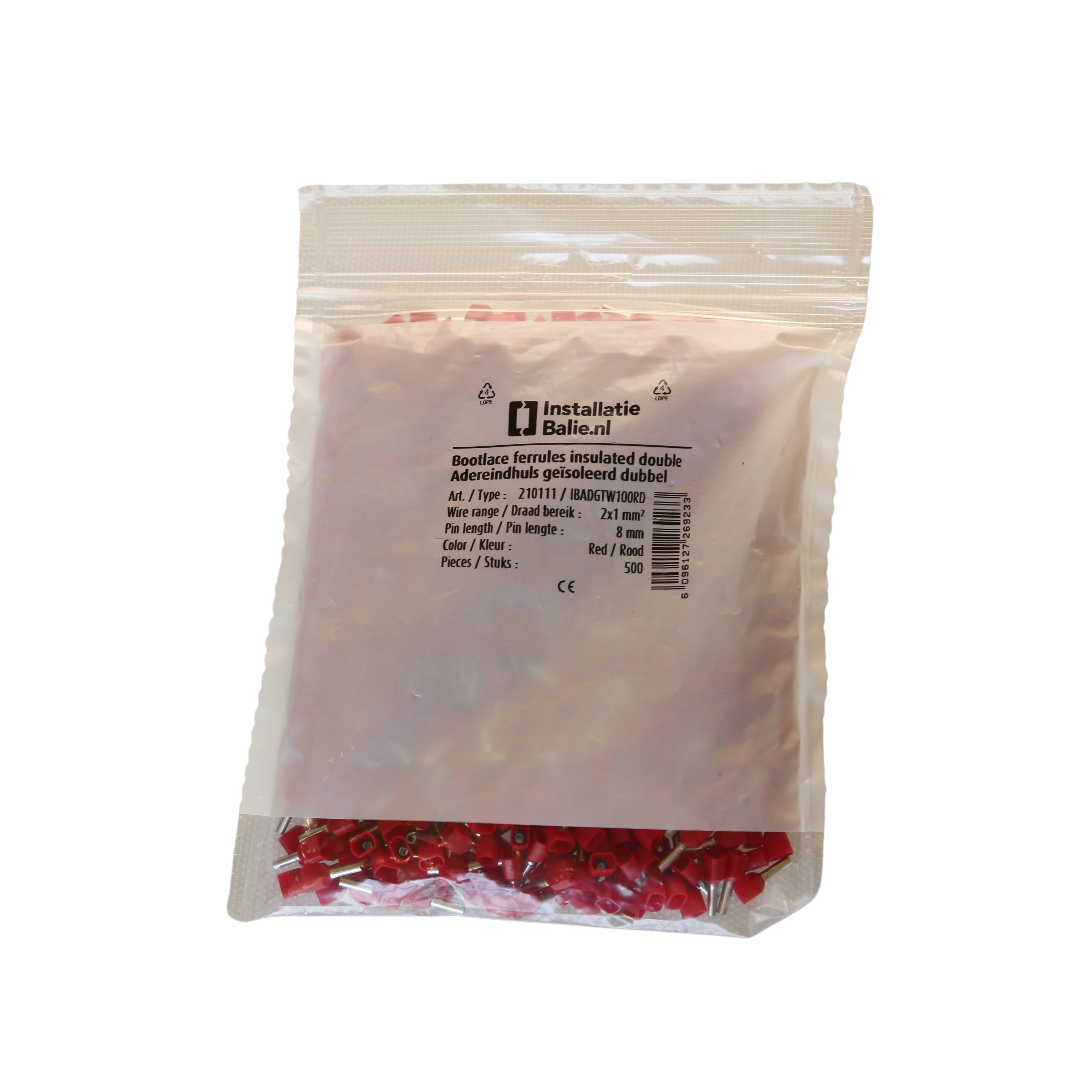 InstallatieBalie Adereindhuls geïsoleerd PP twin 2x1 mm² hulslengte 8mm vertind rood (zak 500st) afbeelding 1