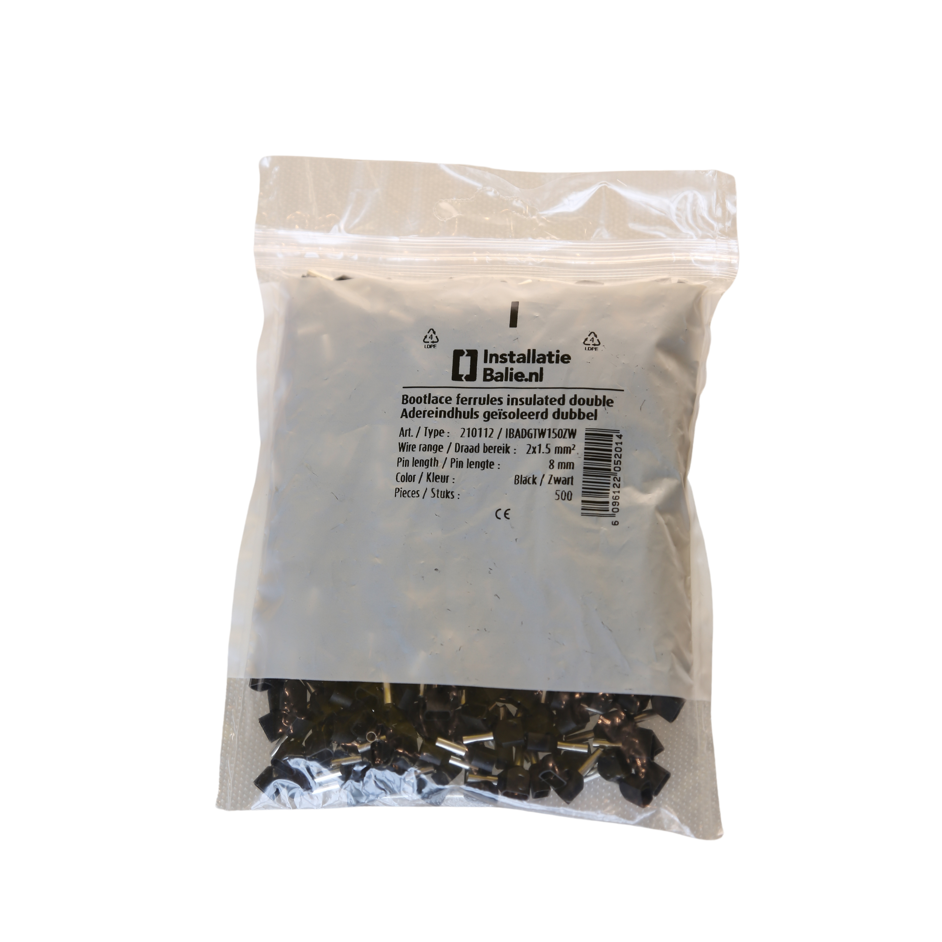 InstallatieBalie Adereindhuls geïsoleerd PP twin 2x1,5 mm² hulslengte 8mm vertind zwart (zak 500st) afbeelding 1
