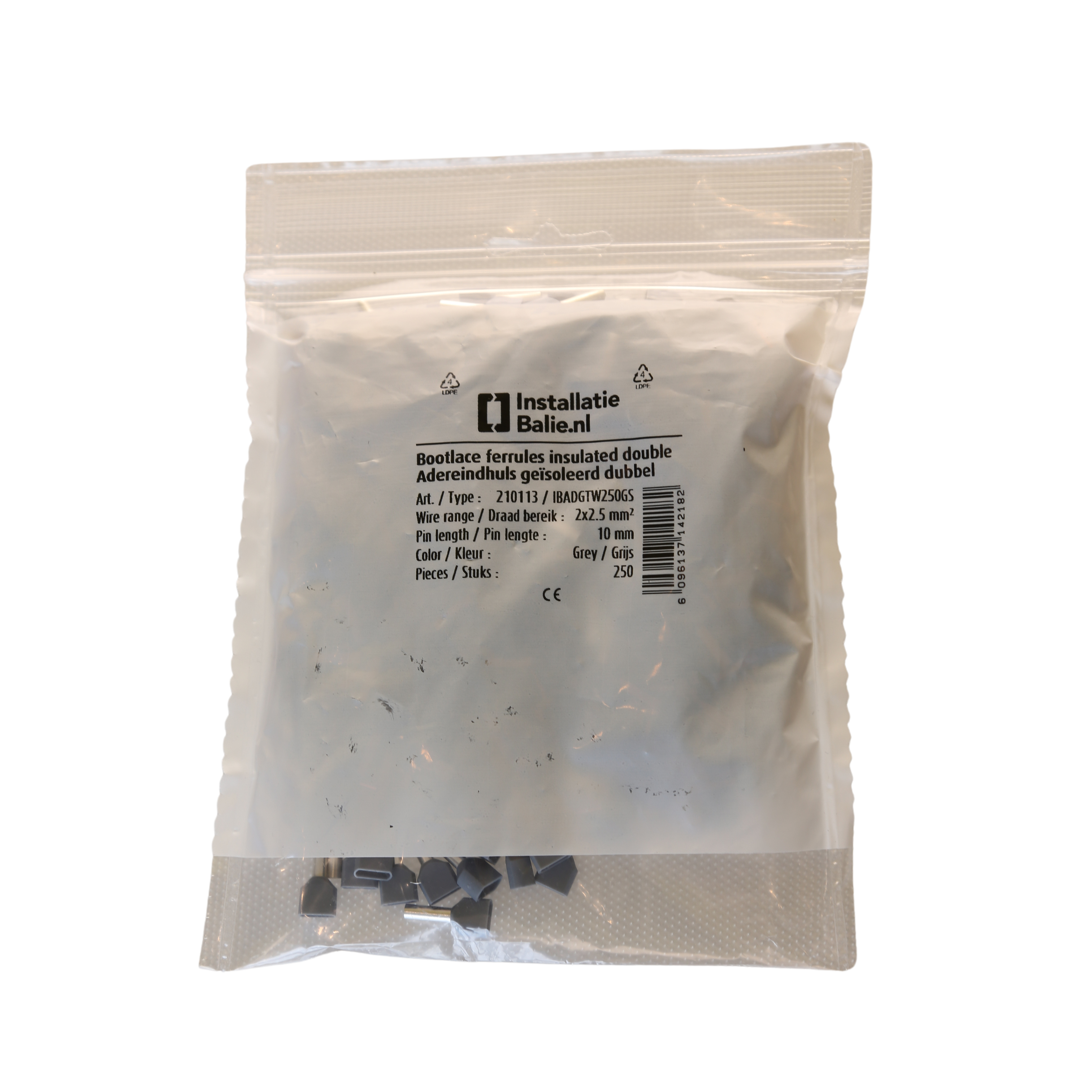 InstallatieBalie Adereindhuls geïsoleerd PP twin 2x2,5 mm² hulslengte 10mm vertind grijs (zak 250st) afbeelding 1