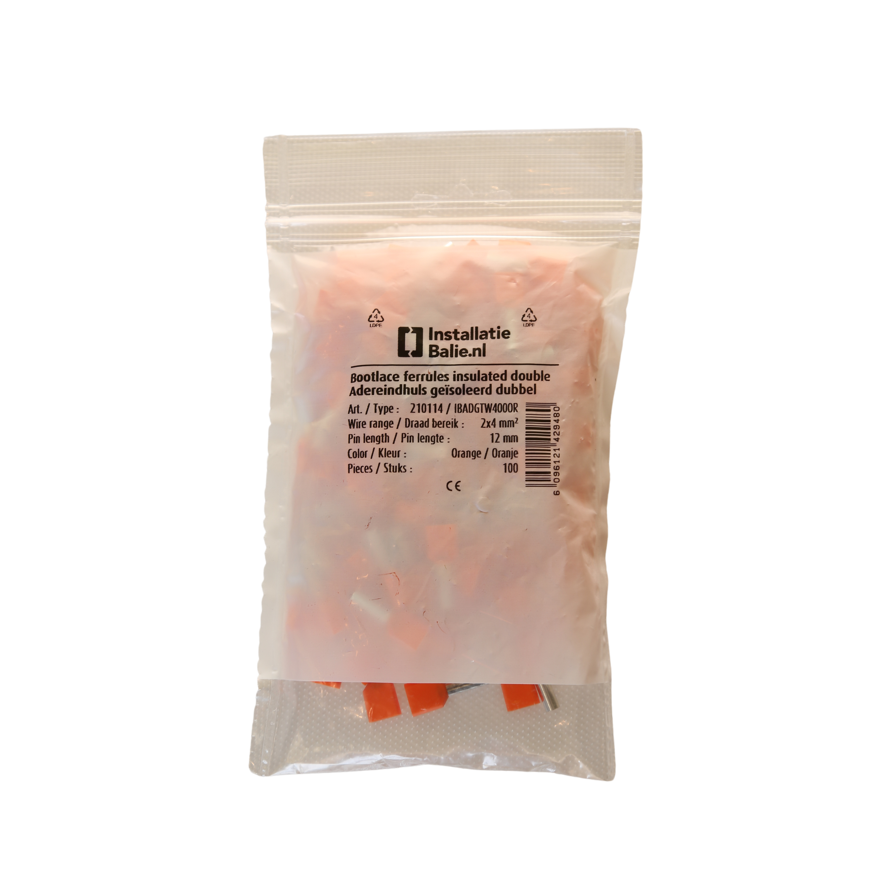 InstallatieBalie Adereindhuls geïsoleerd PP twin 2x4 mm² hulslengte 12mm vertind oranje (zak 100st) afbeelding 1