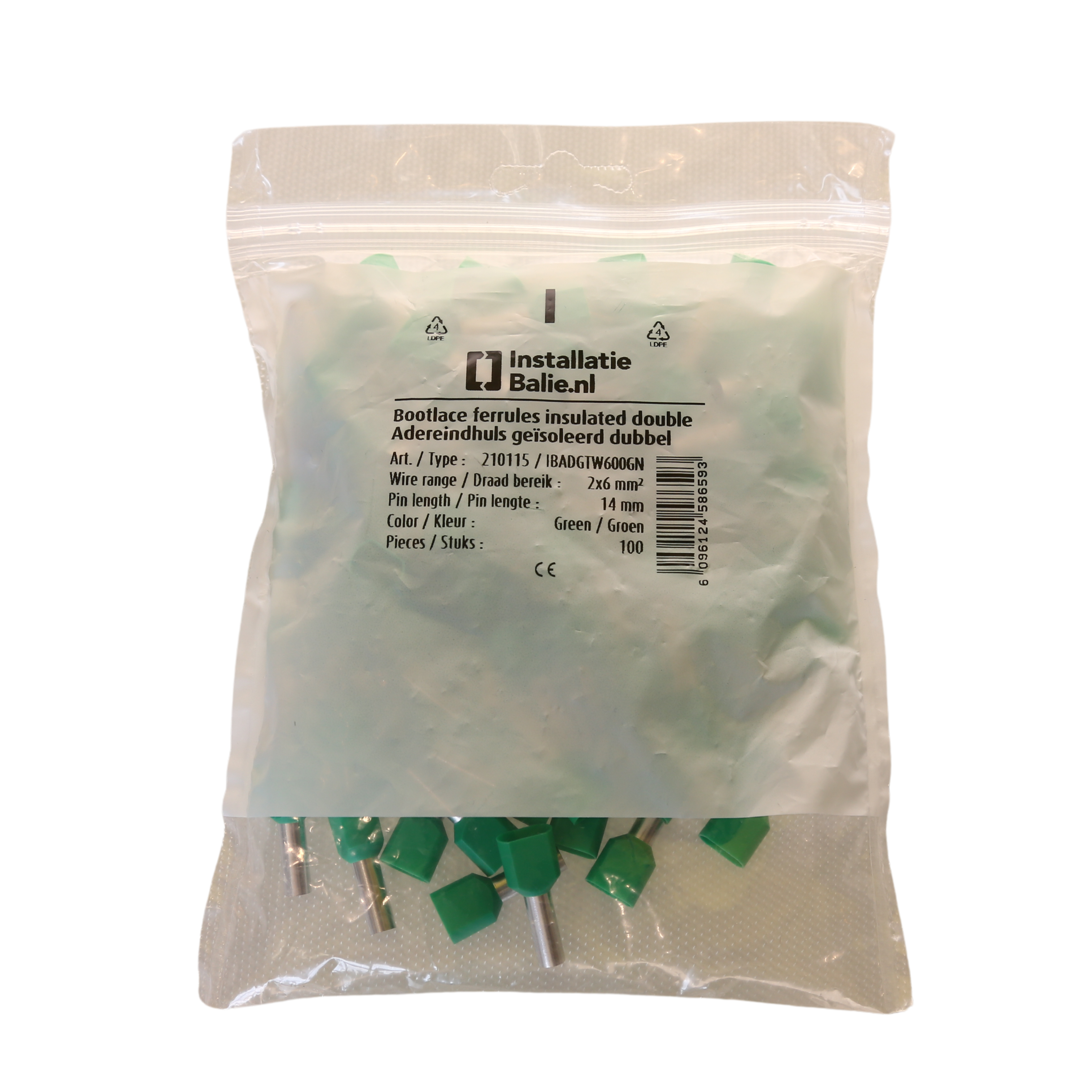 InstallatieBalie Adereindhuls geïsoleerd PP twin 2x6 mm² hulslengte 12mm vertind groen (zak 100st) afbeelding 1