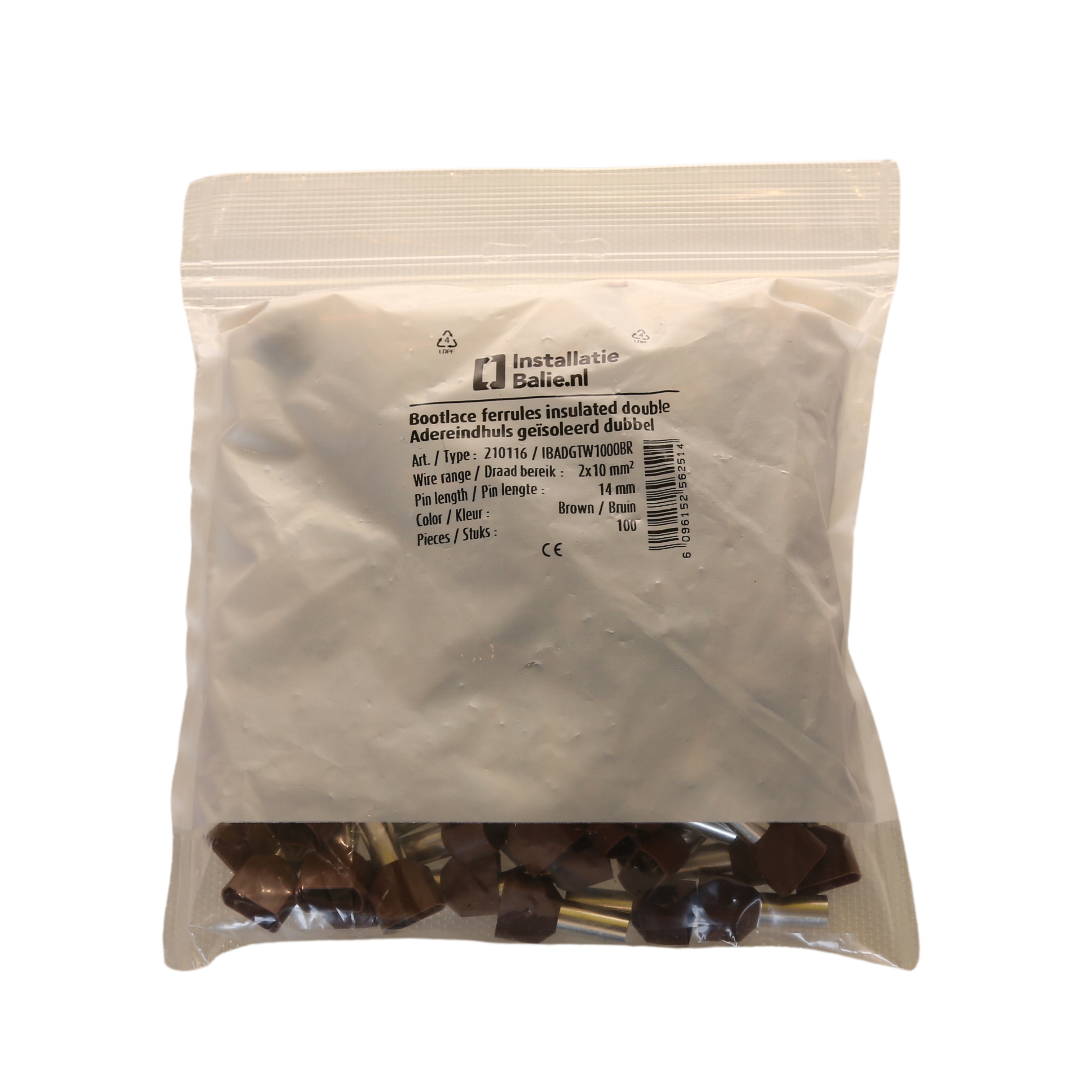 InstallatieBalie Adereindhuls geïsoleerd PP twin 2x10 mm² hulslengte 14mm vertind bruin (zak 100st) afbeelding 1