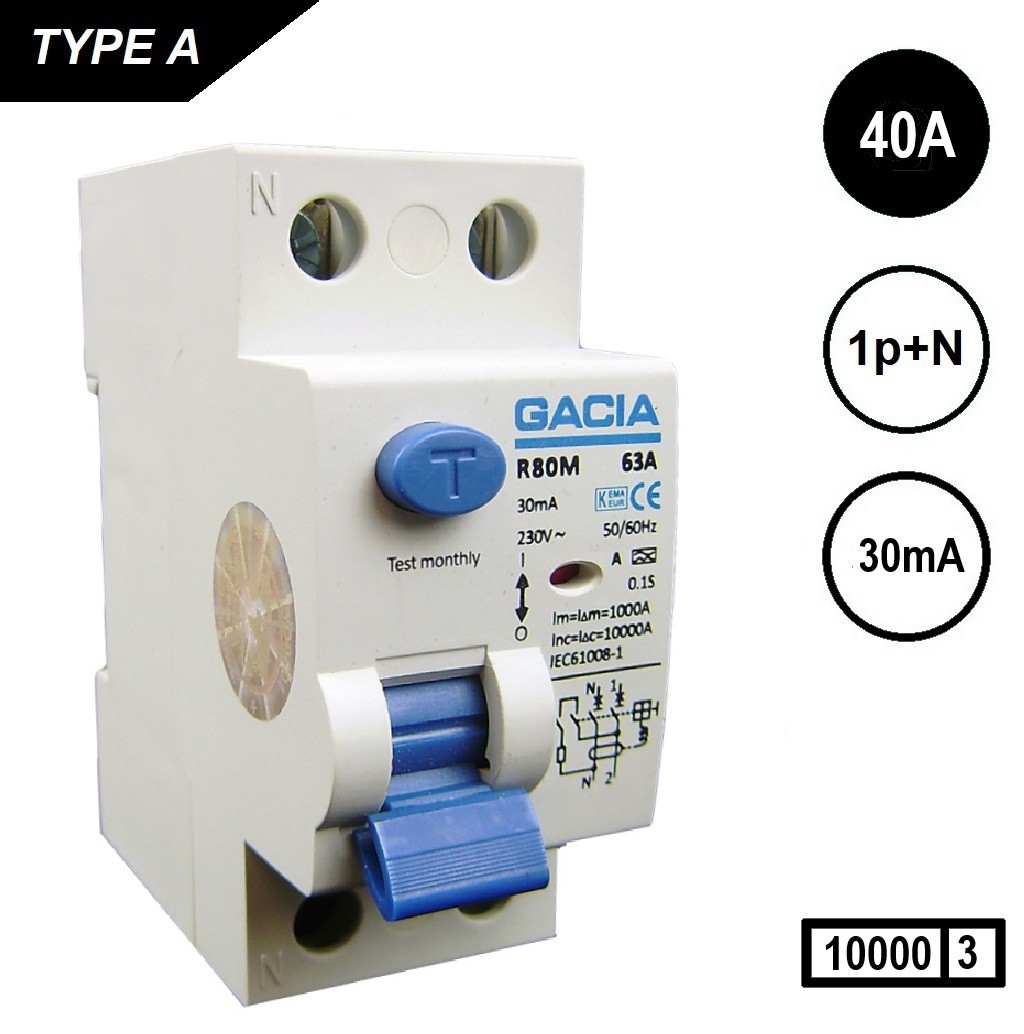 GACIA aardlekschakelaar 4020 Als 2p 40Amp 30mA 10kA LET NUL LINKS