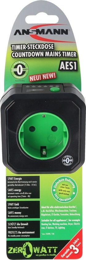 Tijdschakelaar stopcontact instelbaar 15 minuten, 30minuten, 1 uur, 2 uur, 4 uur, en 8 uur.