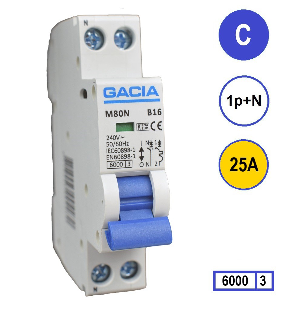 GACIA M80N-C25 installatieautomaat 1p+n C25 6kA (18mm) afbeelding 2