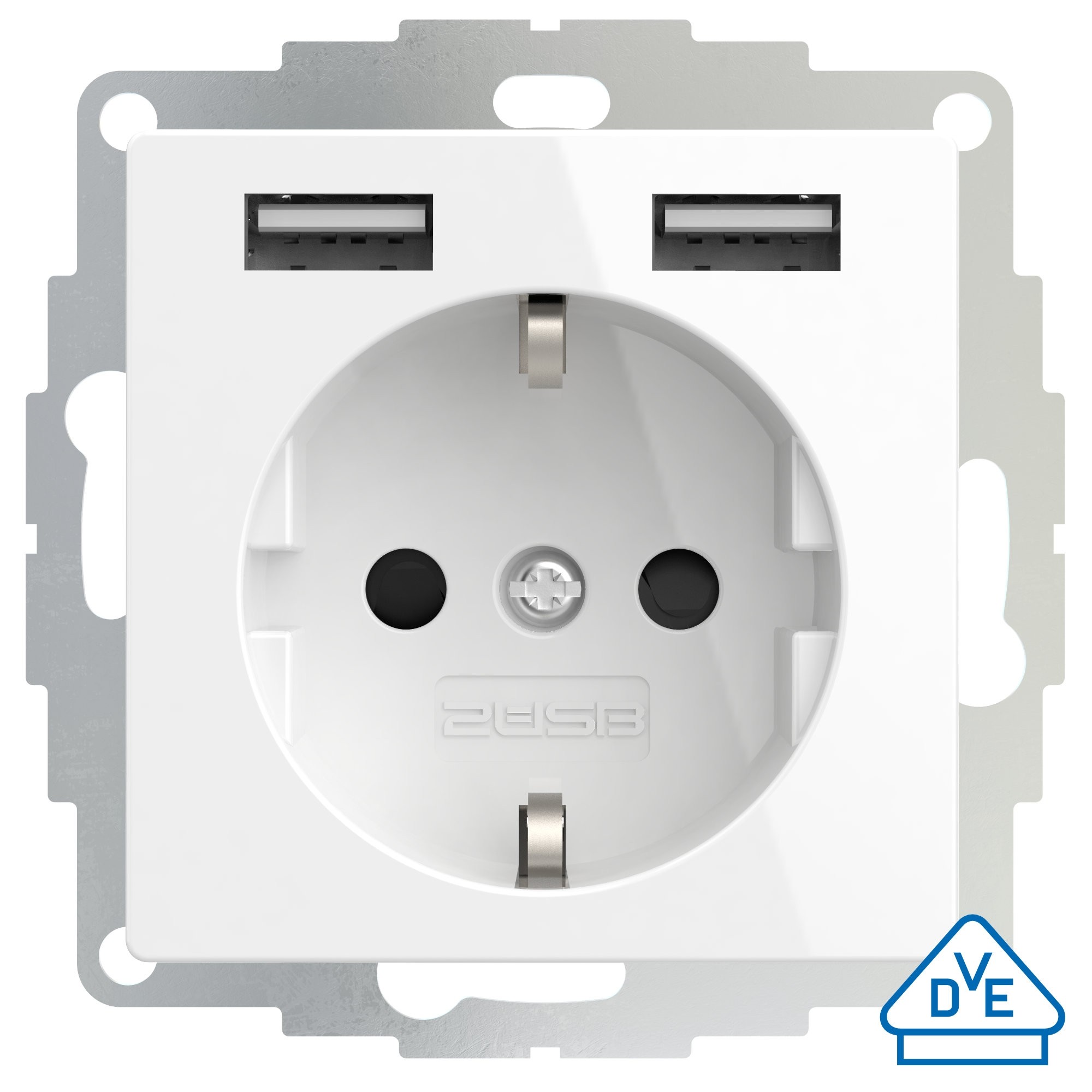 Stopcontact met USB poorten 2400mA glanzend wit voor een 40mm diepe doos (2U-449276)