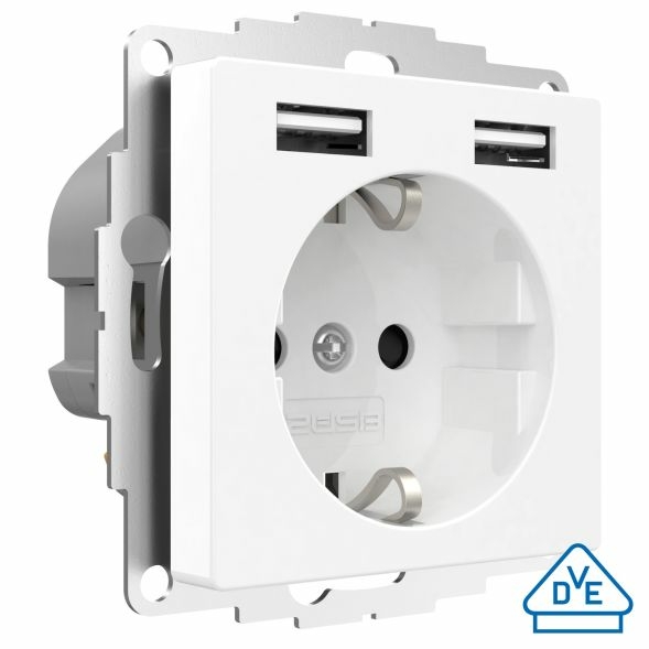 Stopcontact met USB poorten 2400mA glanzend wit voor een 40mm diepe doos (2U-449276)