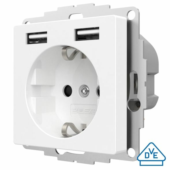 Stopcontact met USB poorten 2400mA glanzend wit voor een 40mm diepe doos (2U-449276)