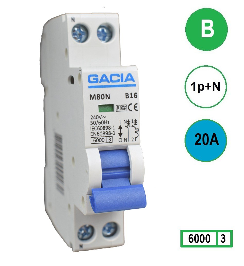 20A GACIA installatieautomaat M80N-B2 1p+n B20 6kA (18mm) afbeelding 2