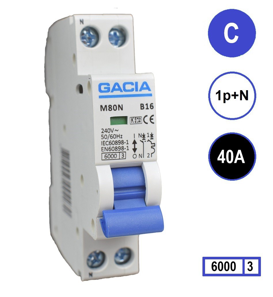 GACIA M80N-C40 installatieautomaat 1p+n C40 6kA (18mm) afbeelding 2