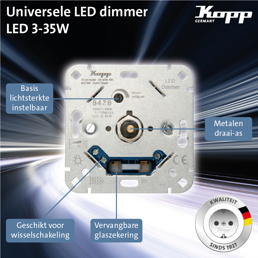 Kopp LED dimmer 8428 voor LED en gloei- halogeen 3-35W RL 7-110W druk/draai (842800008)